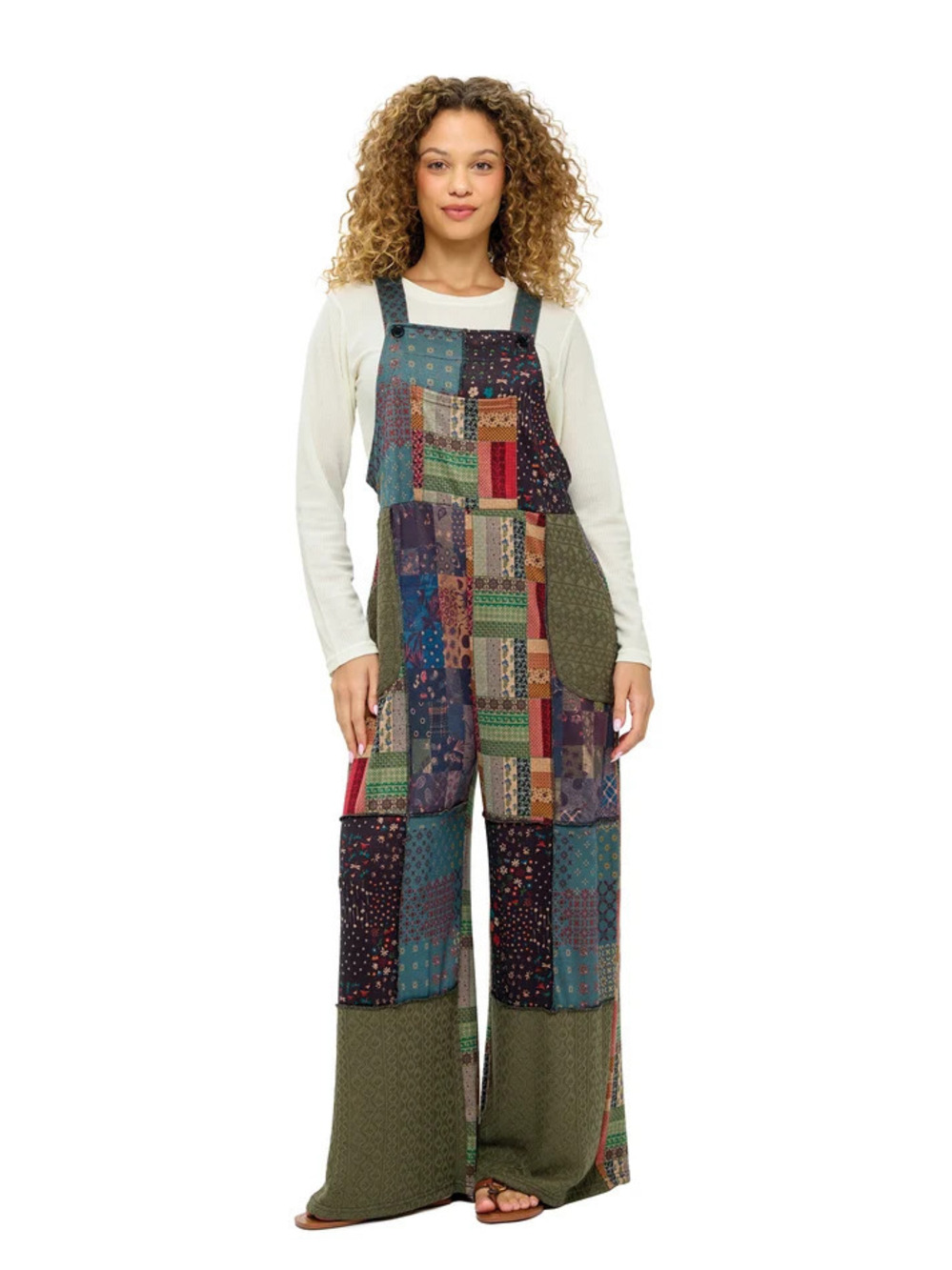 26820 | Yak & Yeti Boho Floral Nature Print Patchwork Overalls | Sizes S/M-L/XL